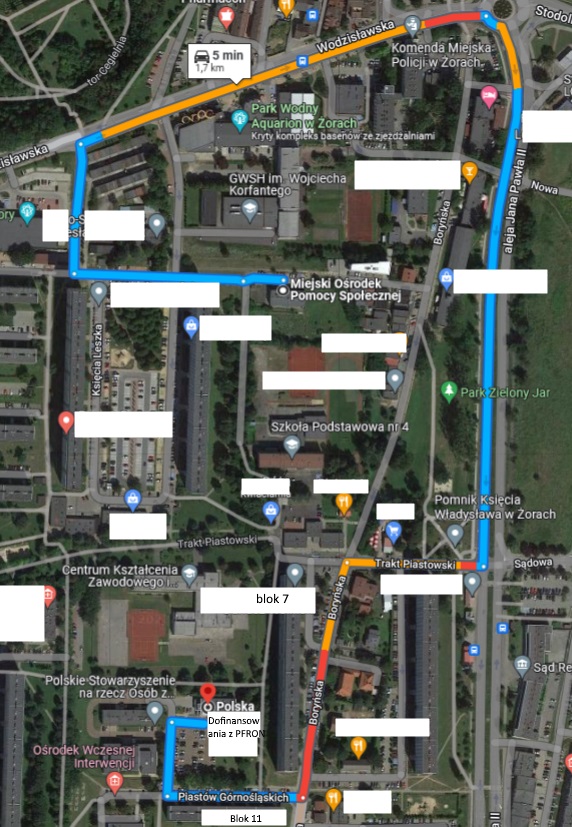 Mapka dojazdu z MOPS do ulicy Piastów Górnośląskich 4