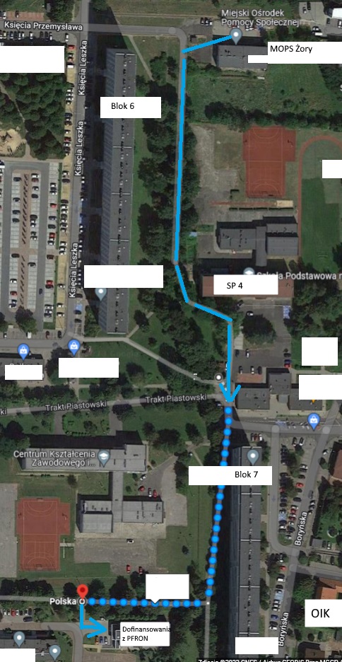Mapka dojścia z MOPS do ulicy Piastów Górnośląskich 4